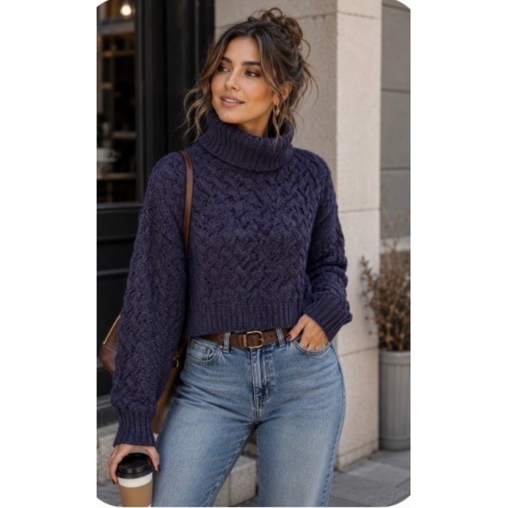 Small‎ cable knit purple plum lavender cropped turtleneck sweater tennis prep
